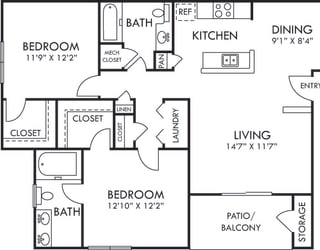 Leda. 2 bedroom apartment. Kitchen with bartop open to living/dinning rooms. 2 full bathroom, double vanity in master. Walk-in closets. Patio/balcony.